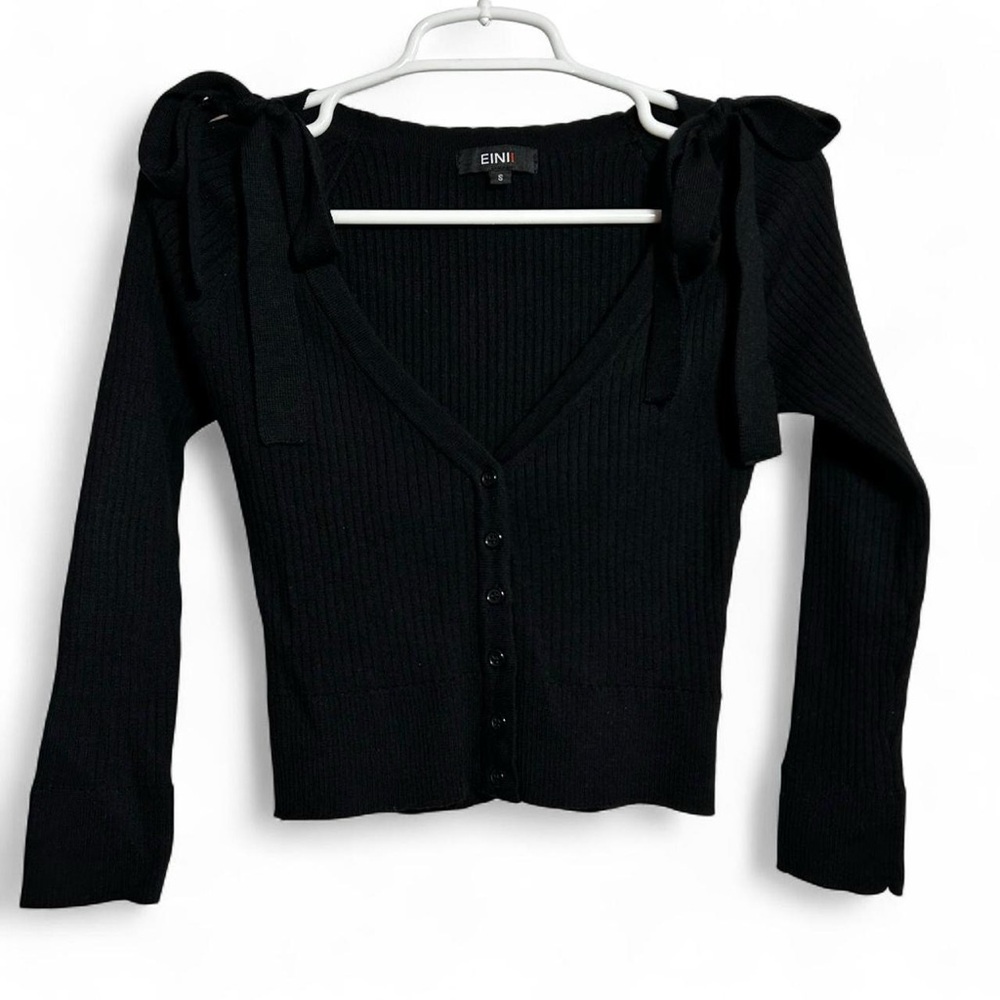 Black Ribbed Women Bows Cardigan